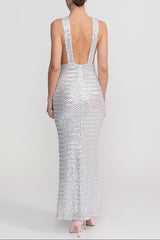 Sequin Maxi Dress With Satin Detail - Light Grey