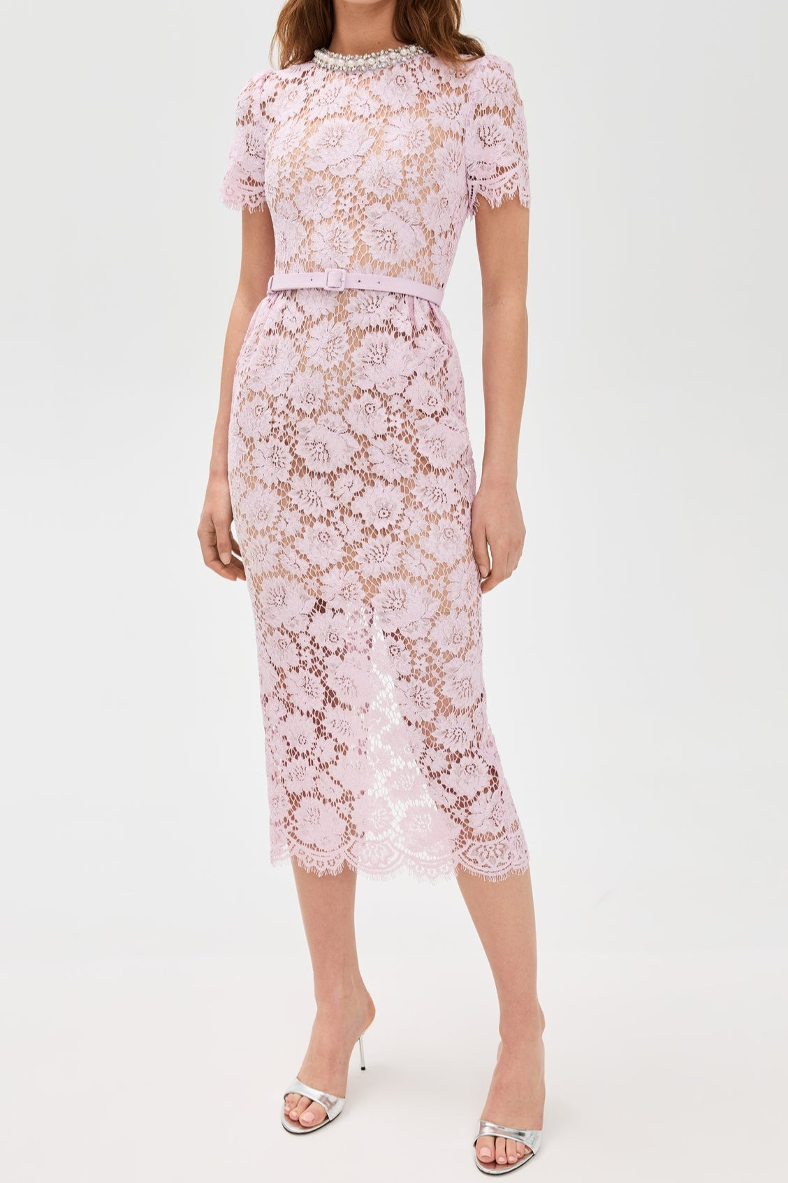 Pink hollow Lace Midi Dress