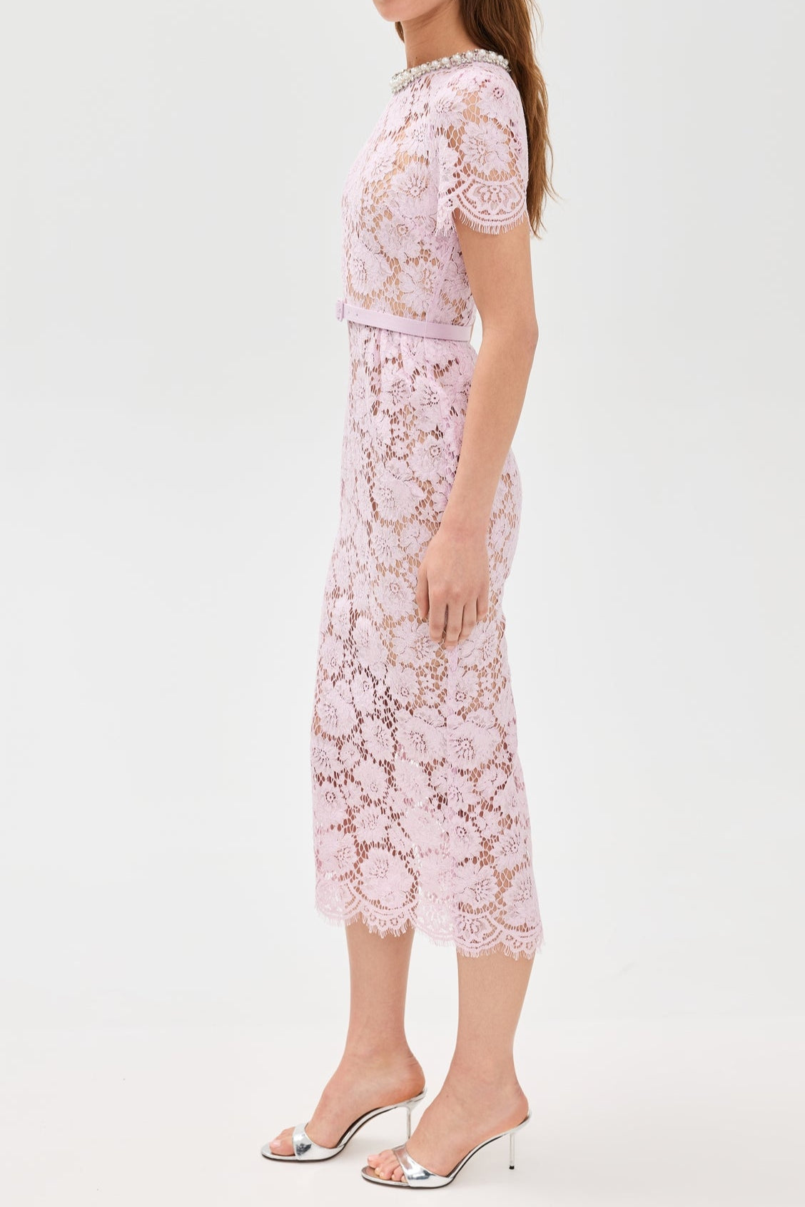 Pink hollow Lace Midi Dress
