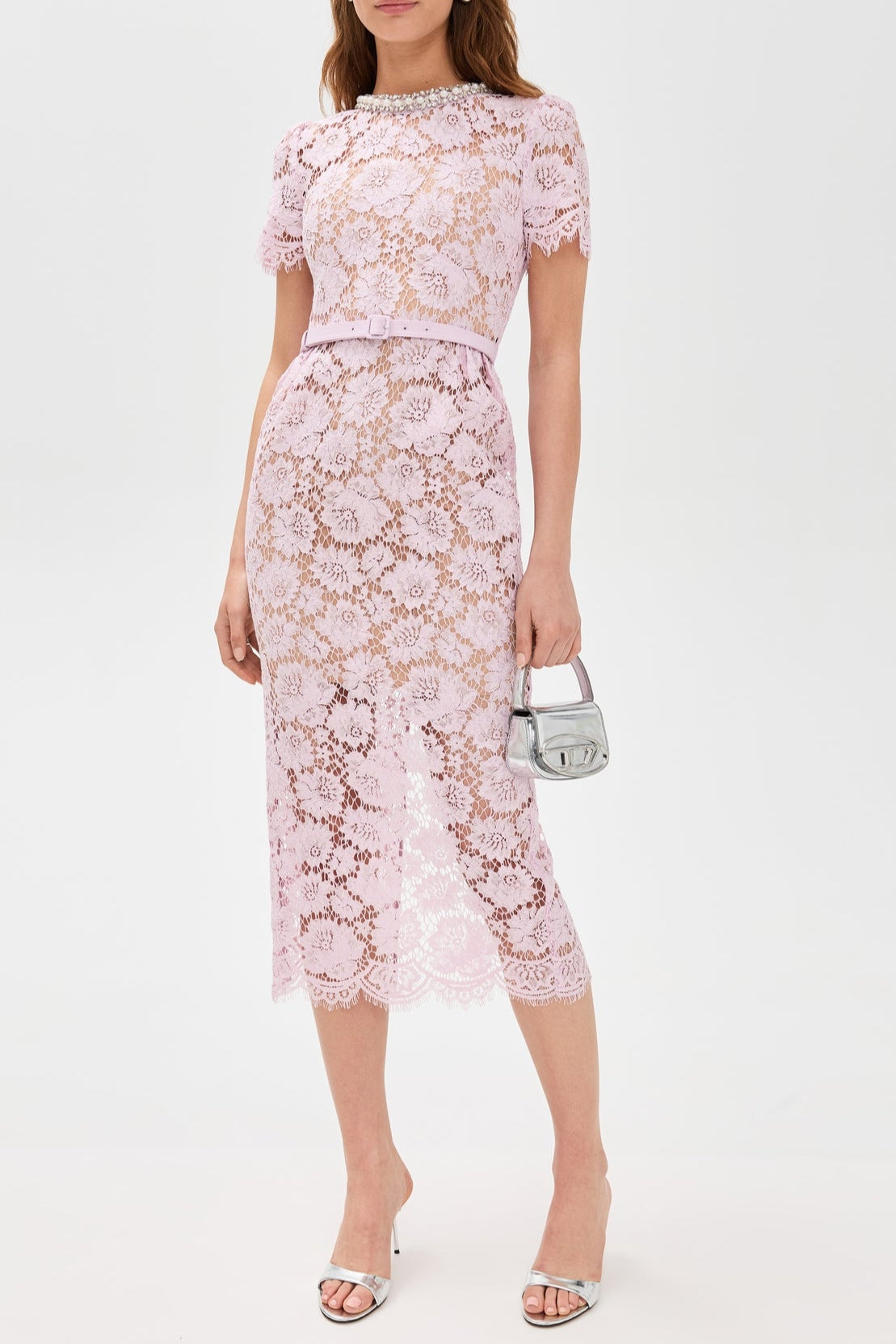Pink hollow Lace Midi Dress