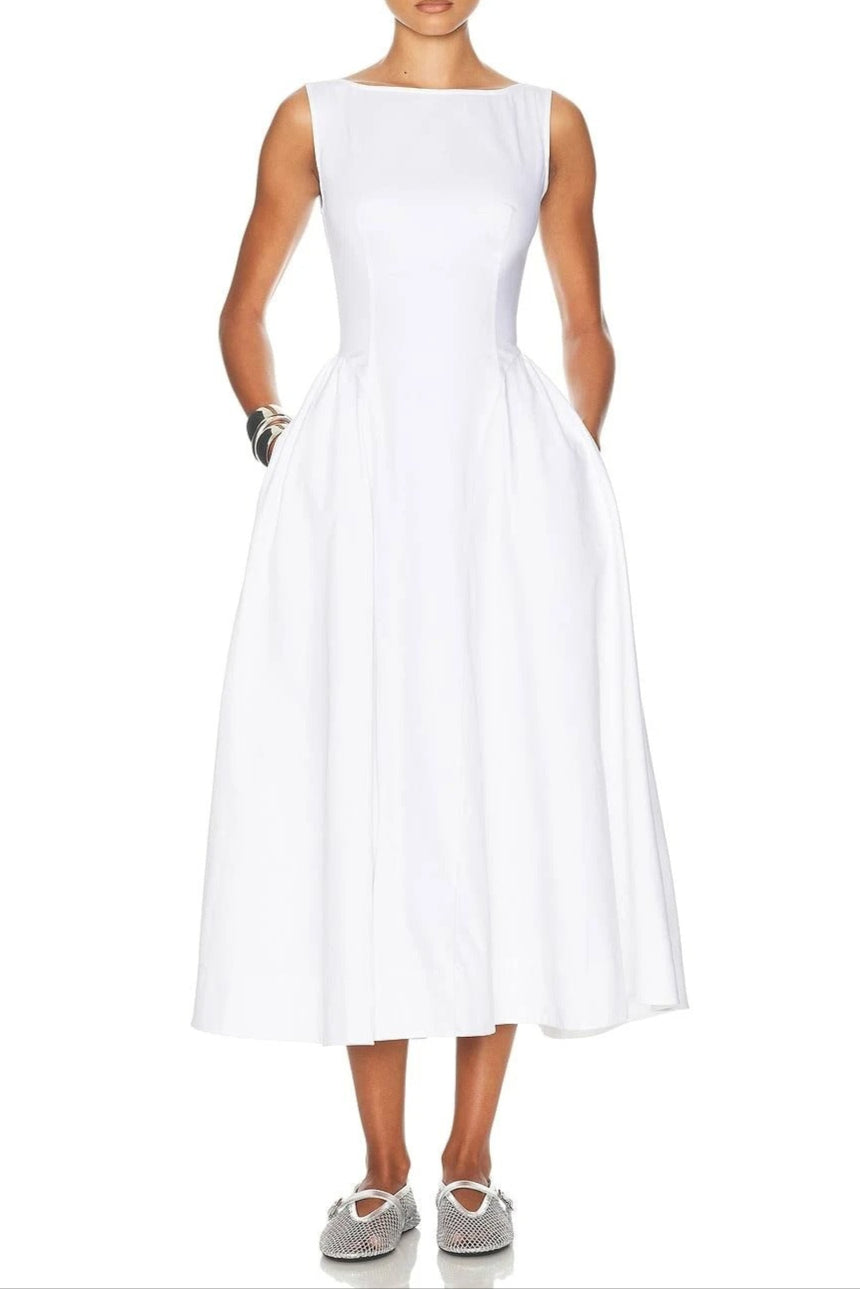 Stretch Cotton Sateen Midi Dress in white