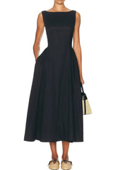 Stretch Cotton Sateen Midi Dress in black