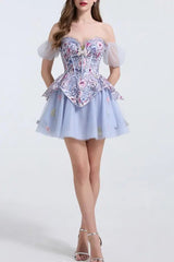 Floral Print Embroidery Puffy Mini Dress