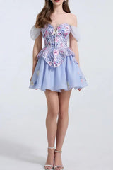Floral Print Embroidery Puffy Mini Dress
