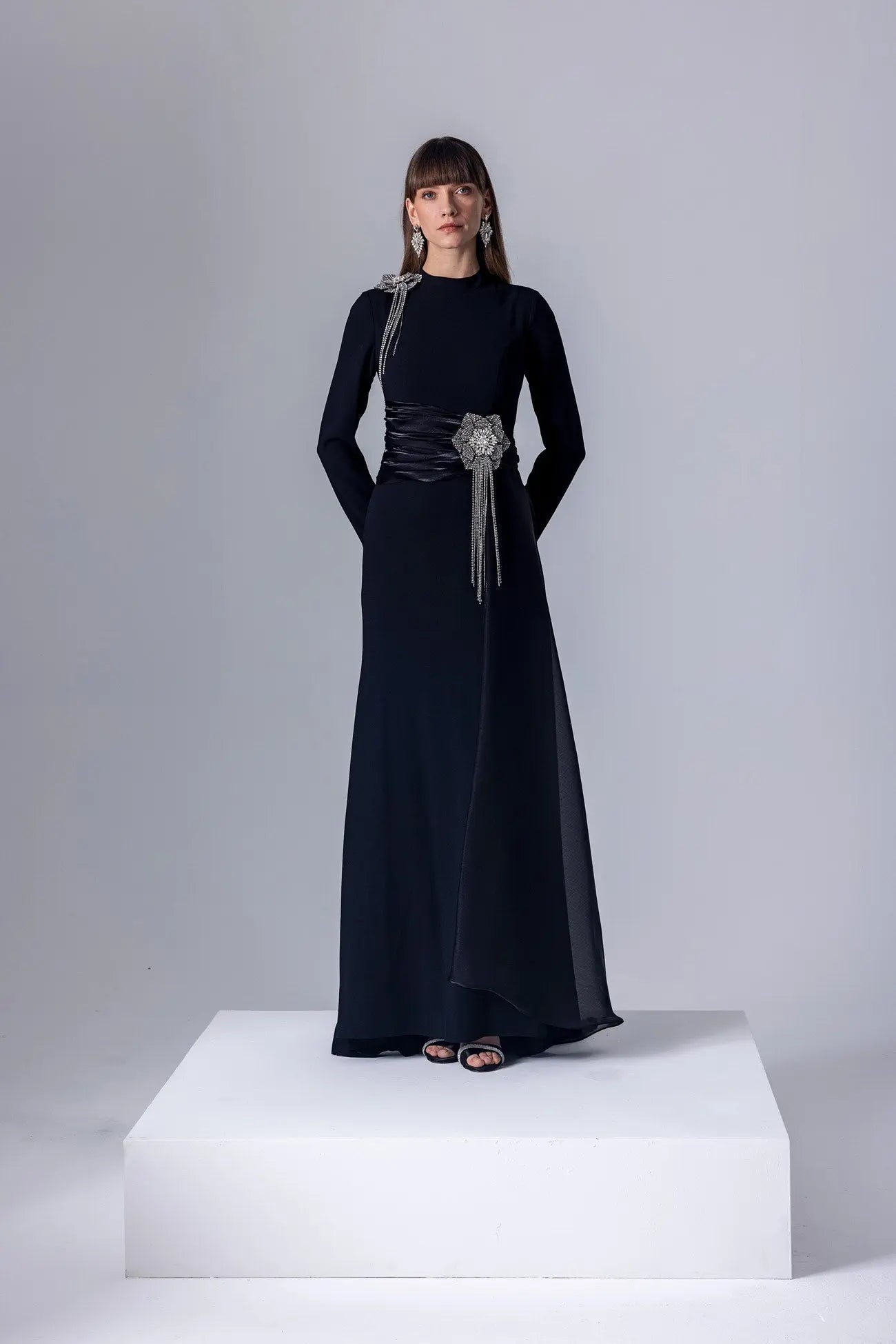 Crystal Flower Long-Sleeve Lace Maxi Dress in Blue