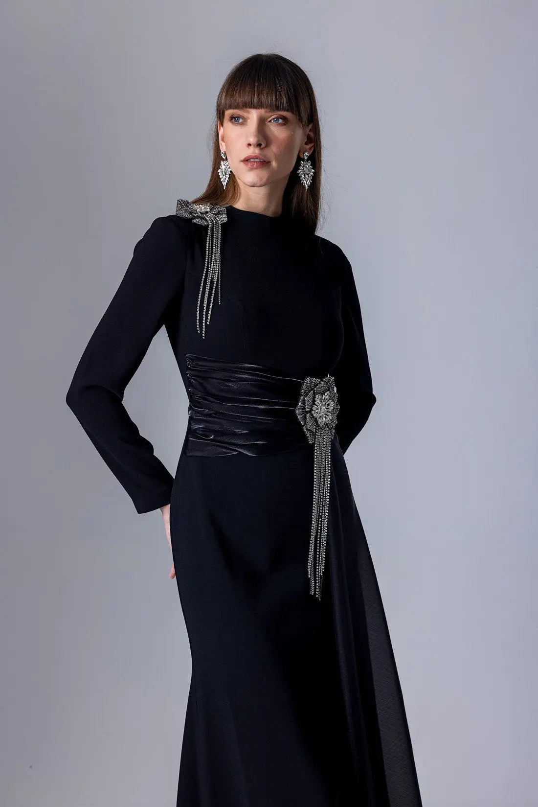 Crystal Flower Long-Sleeve Lace Maxi Dress in Blue