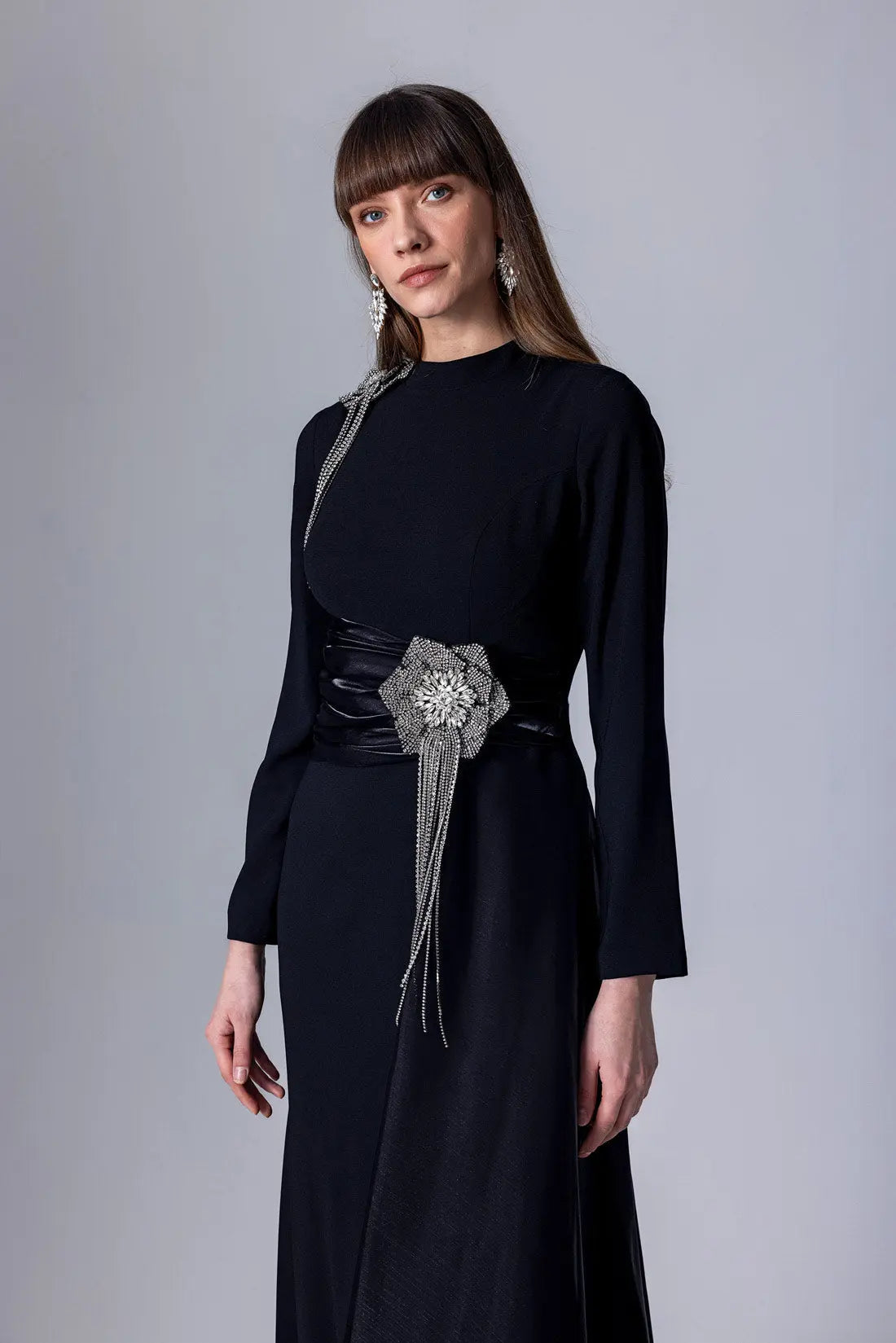 Crystal Flower Long-Sleeve Lace Maxi Dress in Blue
