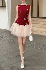 3D Flower Patchwork Mini Dress in Red