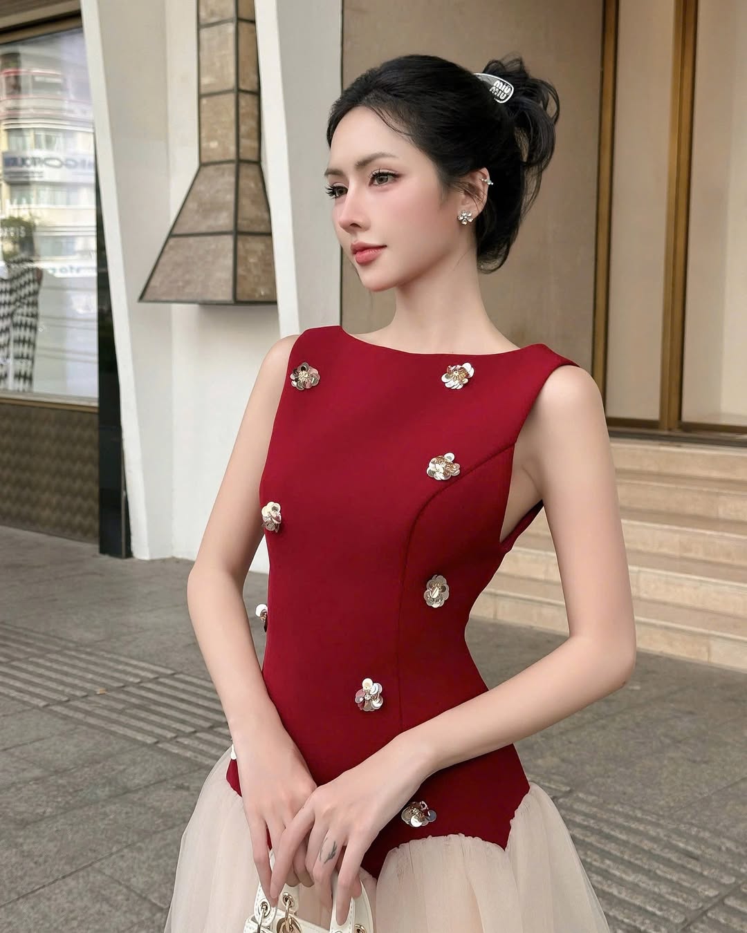3D Flower Patchwork Mini Dress in Red