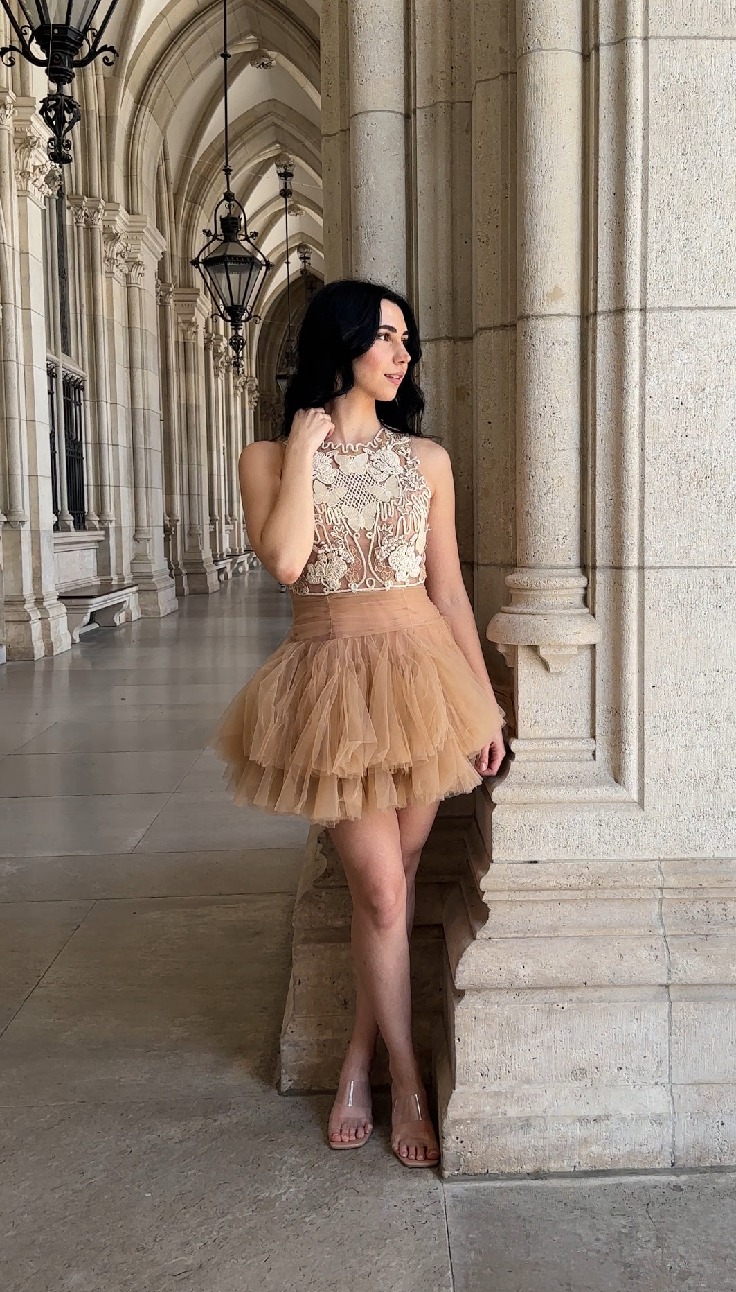 Beige Mini Dress with 3D Applique