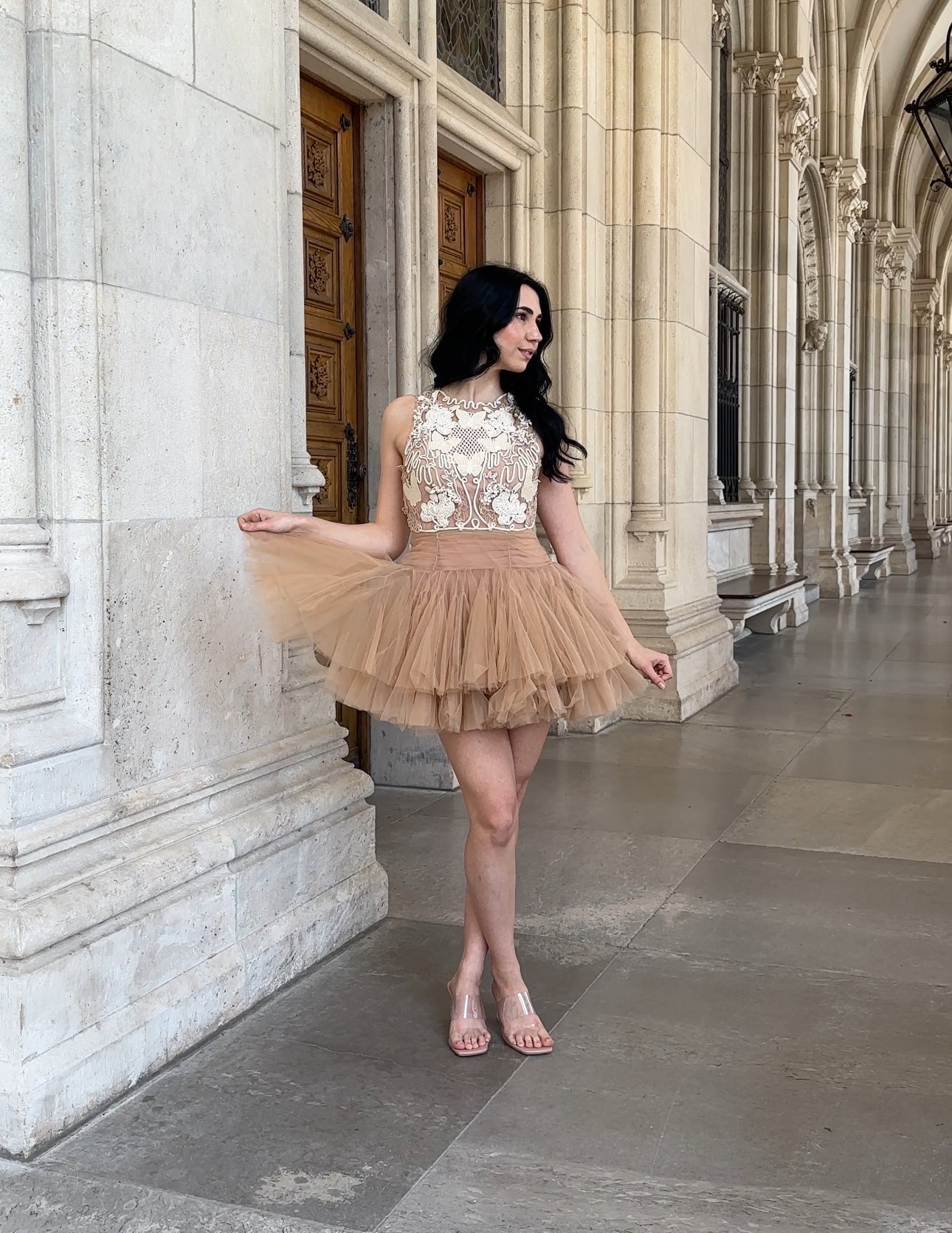 Beige Mini Dress with 3D Applique