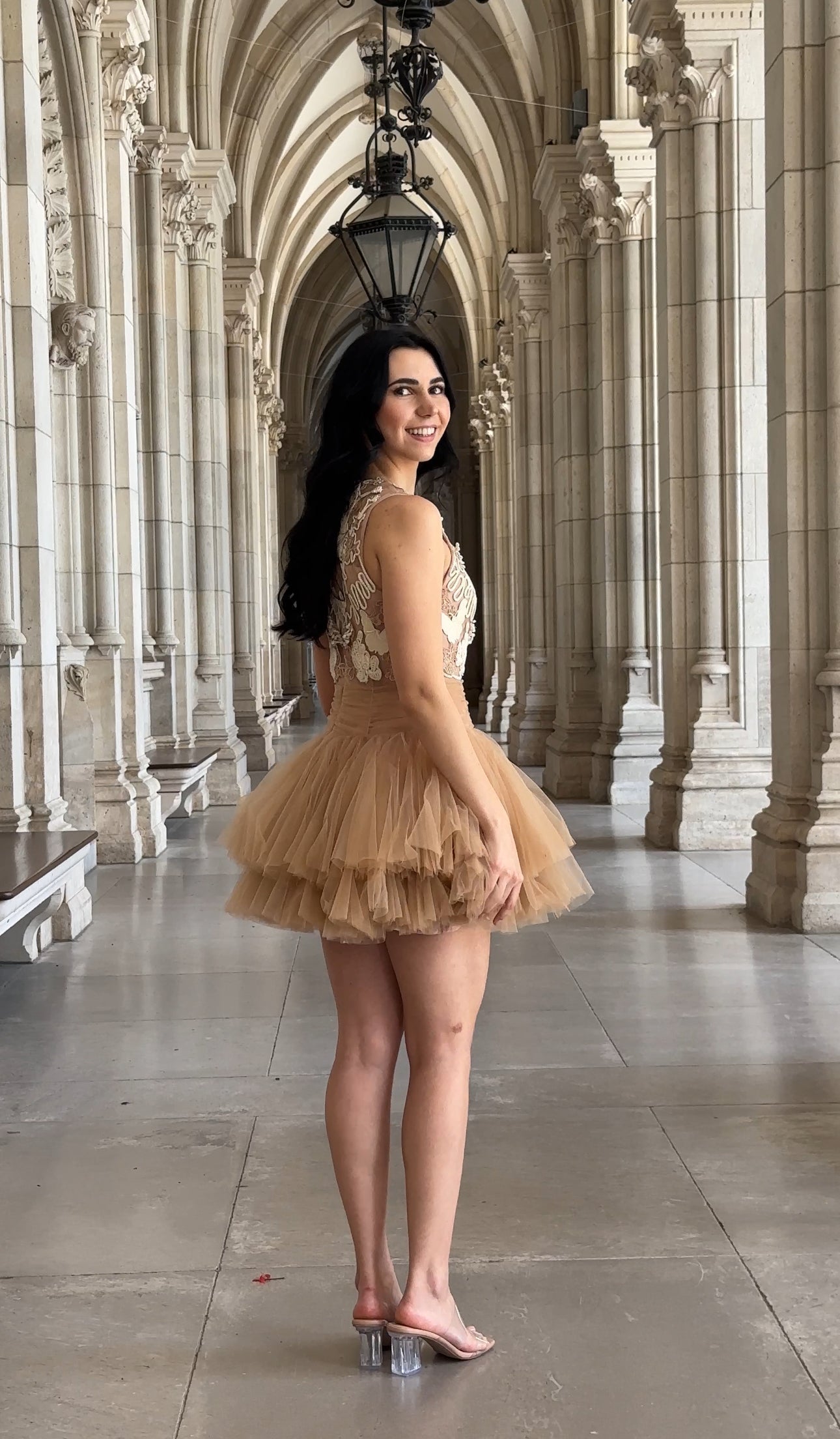 Beige Mini Dress with 3D Applique