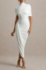 Cape Ruched Midi Dress - White