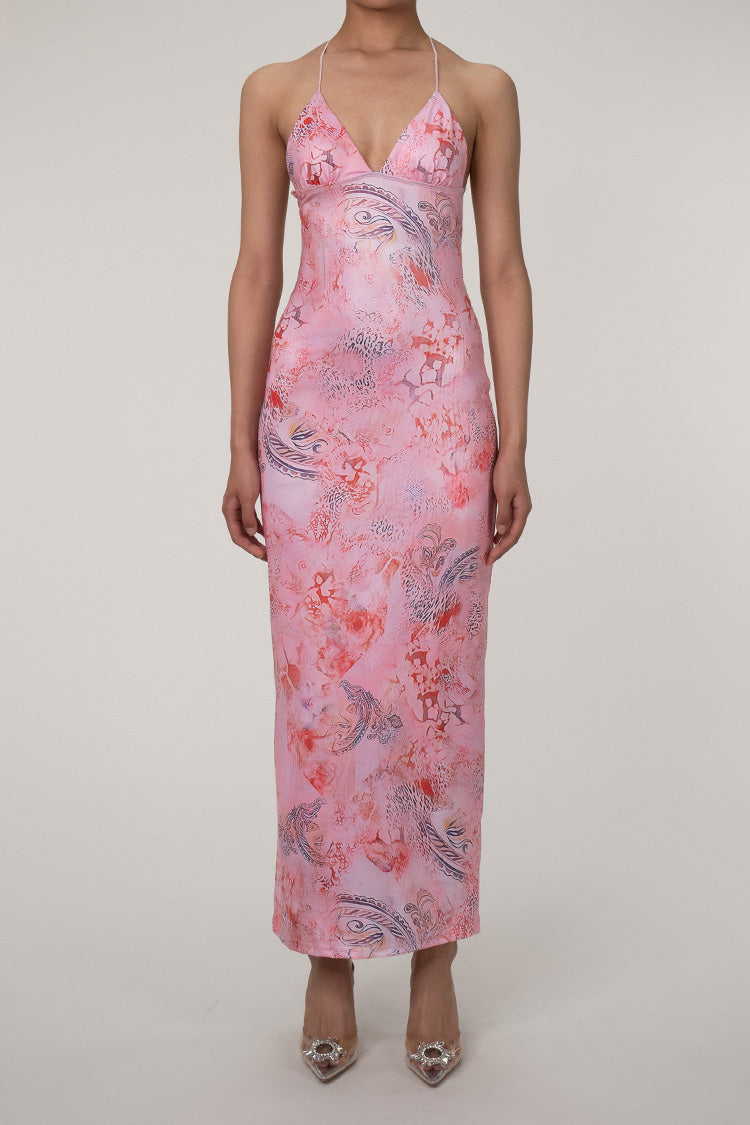 Printed Strappy Backless Plunge Sheath Slip Maxi Dress