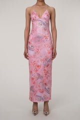Printed Strappy Backless Plunge Sheath Slip Maxi Dress