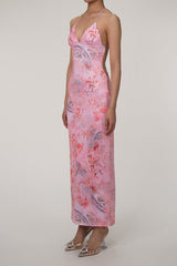 Printed Strappy Backless Plunge Sheath Slip Maxi Dress
