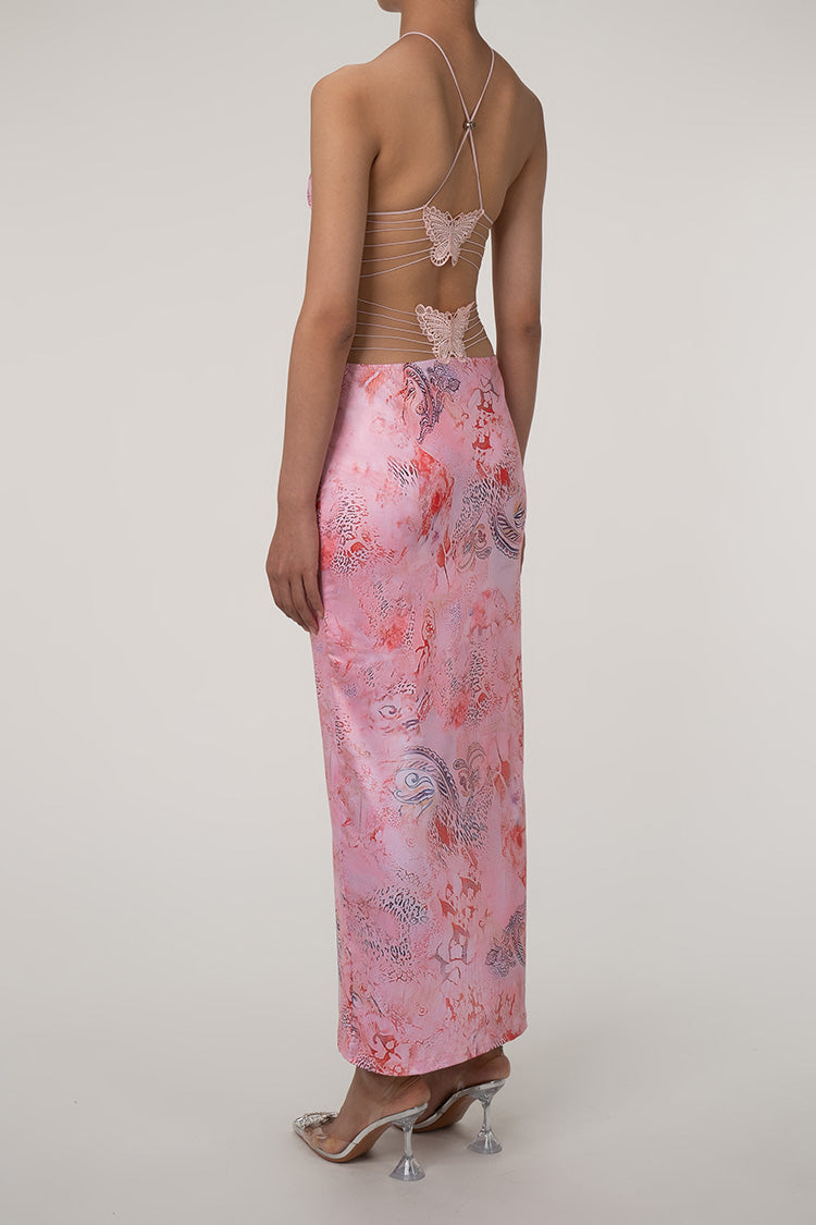 Printed Strappy Backless Plunge Sheath Slip Maxi Dress