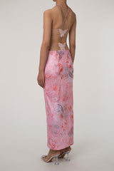 Printed Strappy Backless Plunge Sheath Slip Maxi Dress