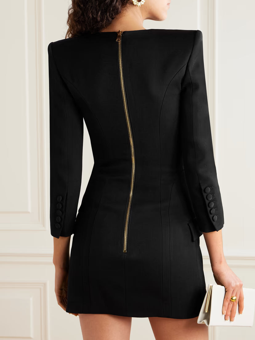 Button-Embellished Cotton-Twill Mini Dress in Black
