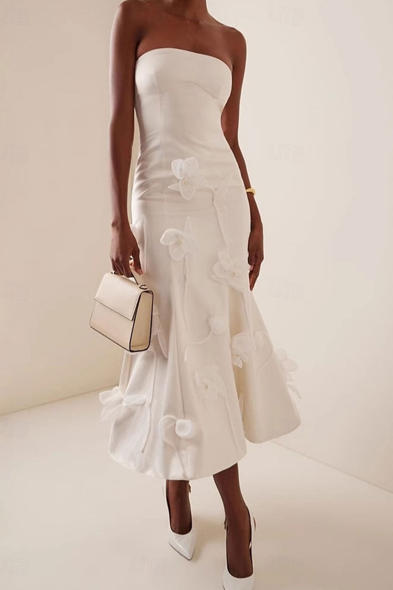 3D Floral Sleeveless Midi Dress in White