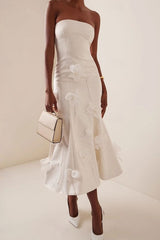3D Floral Sleeveless Midi Dress in White