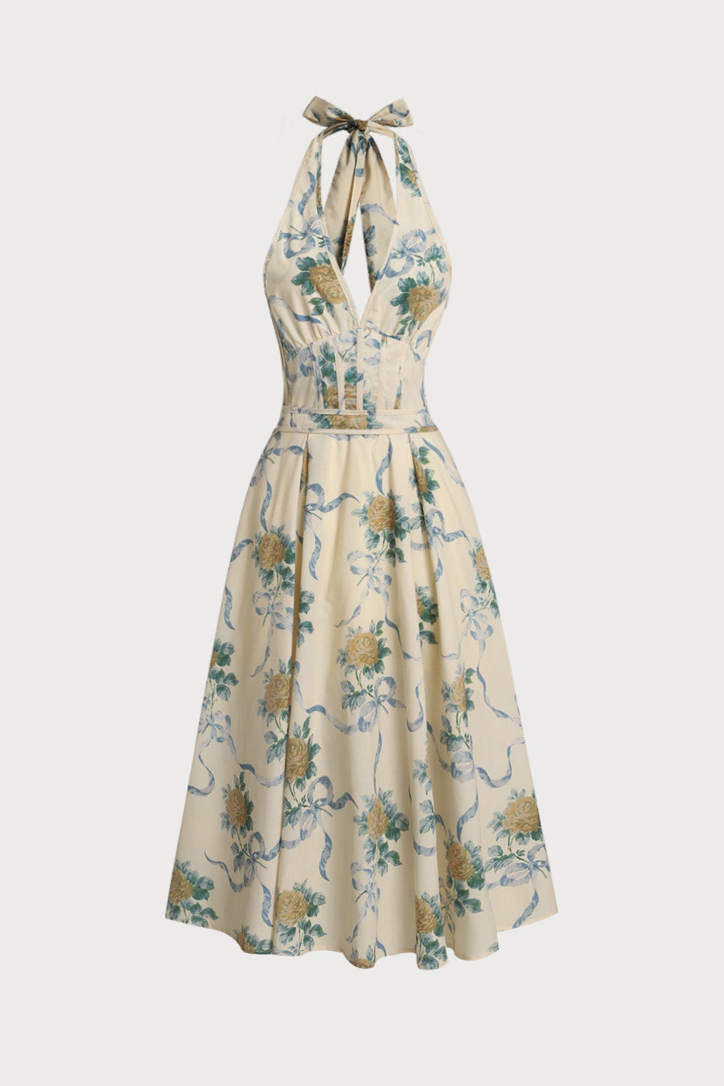 Floral Print Deep V Neck Midi Dress in Yellow