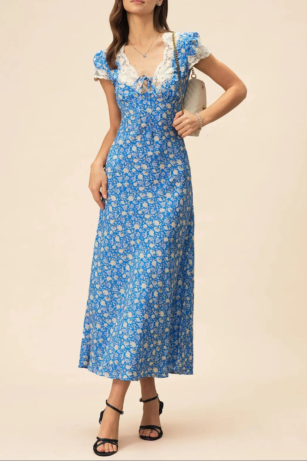 Floral Printed Lace-Trimmed V-Neck Maxi Dress in Blue