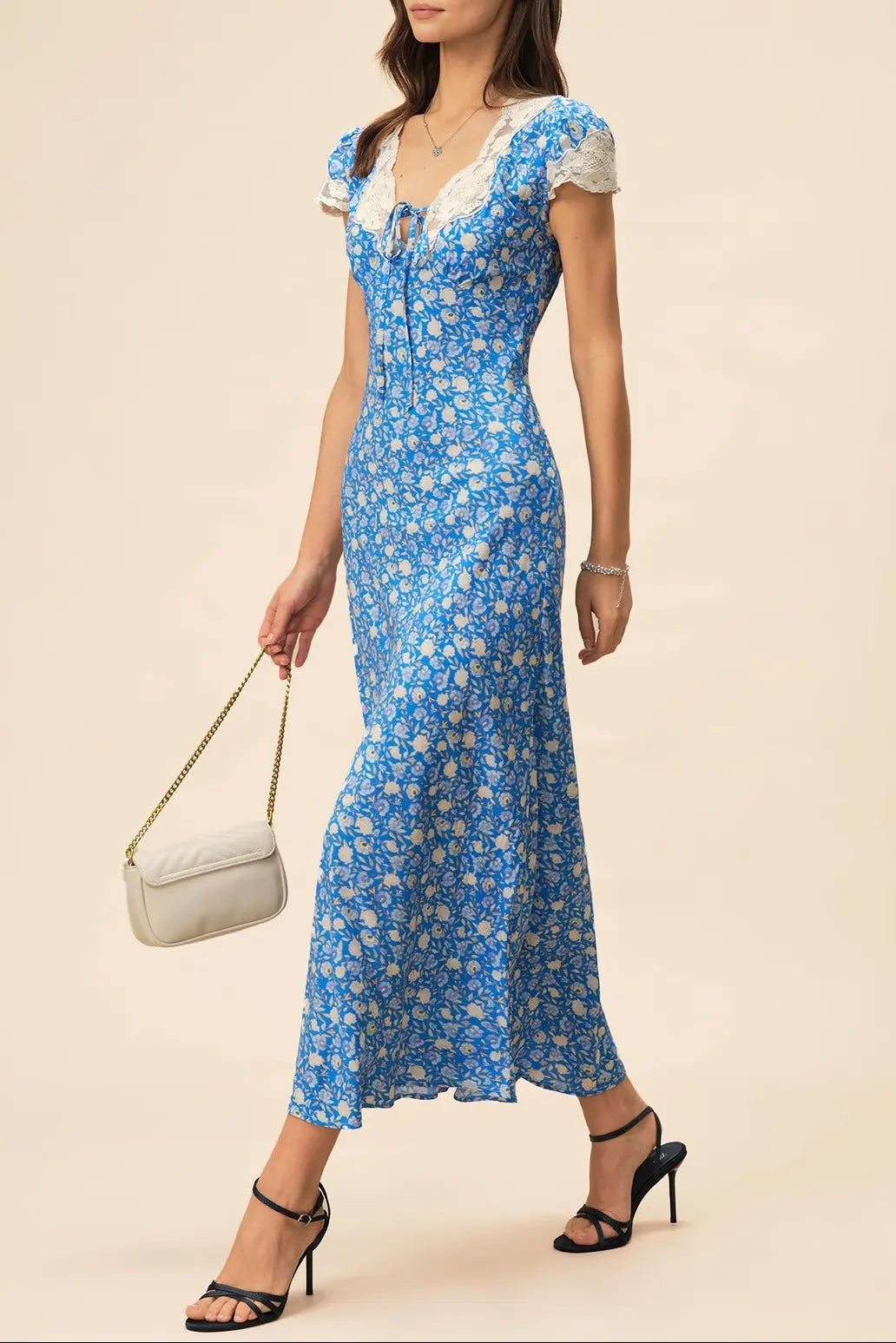 Floral Printed Lace-Trimmed V-Neck Maxi Dress in Blue