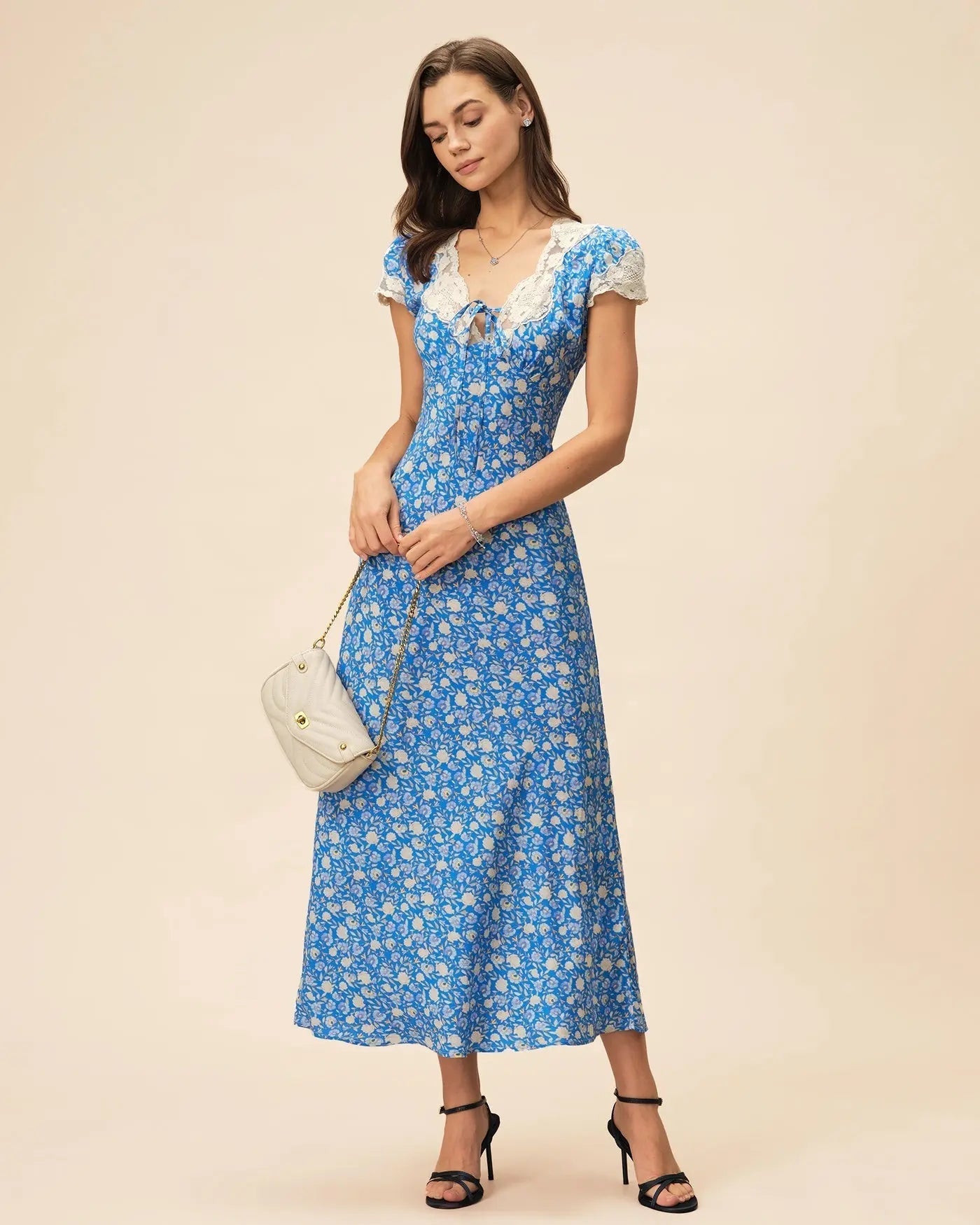 Floral Printed Lace-Trimmed V-Neck Maxi Dress in Blue