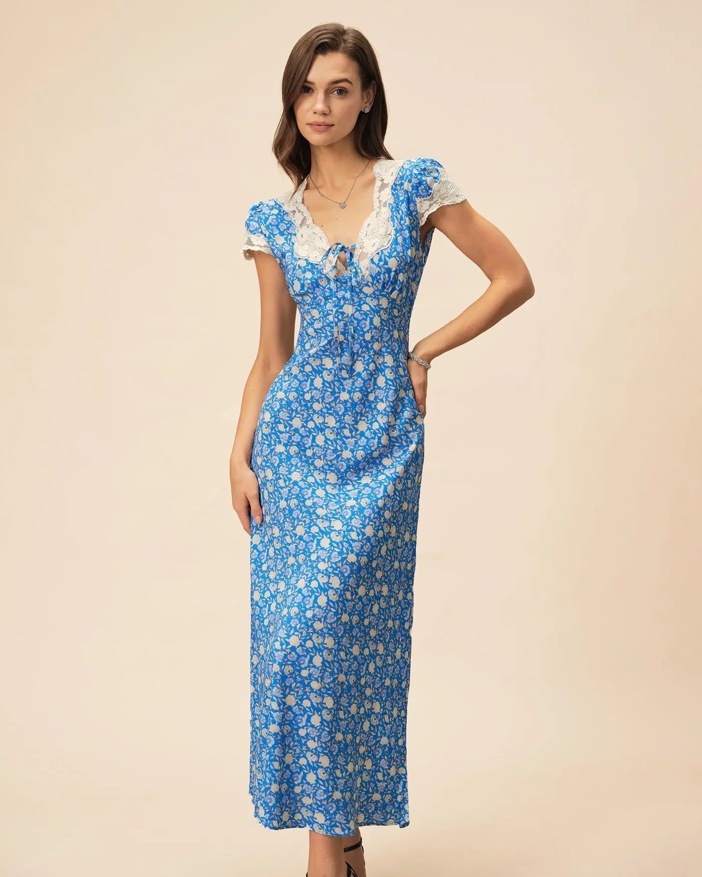 Floral Printed Lace-Trimmed V-Neck Maxi Dress in Blue