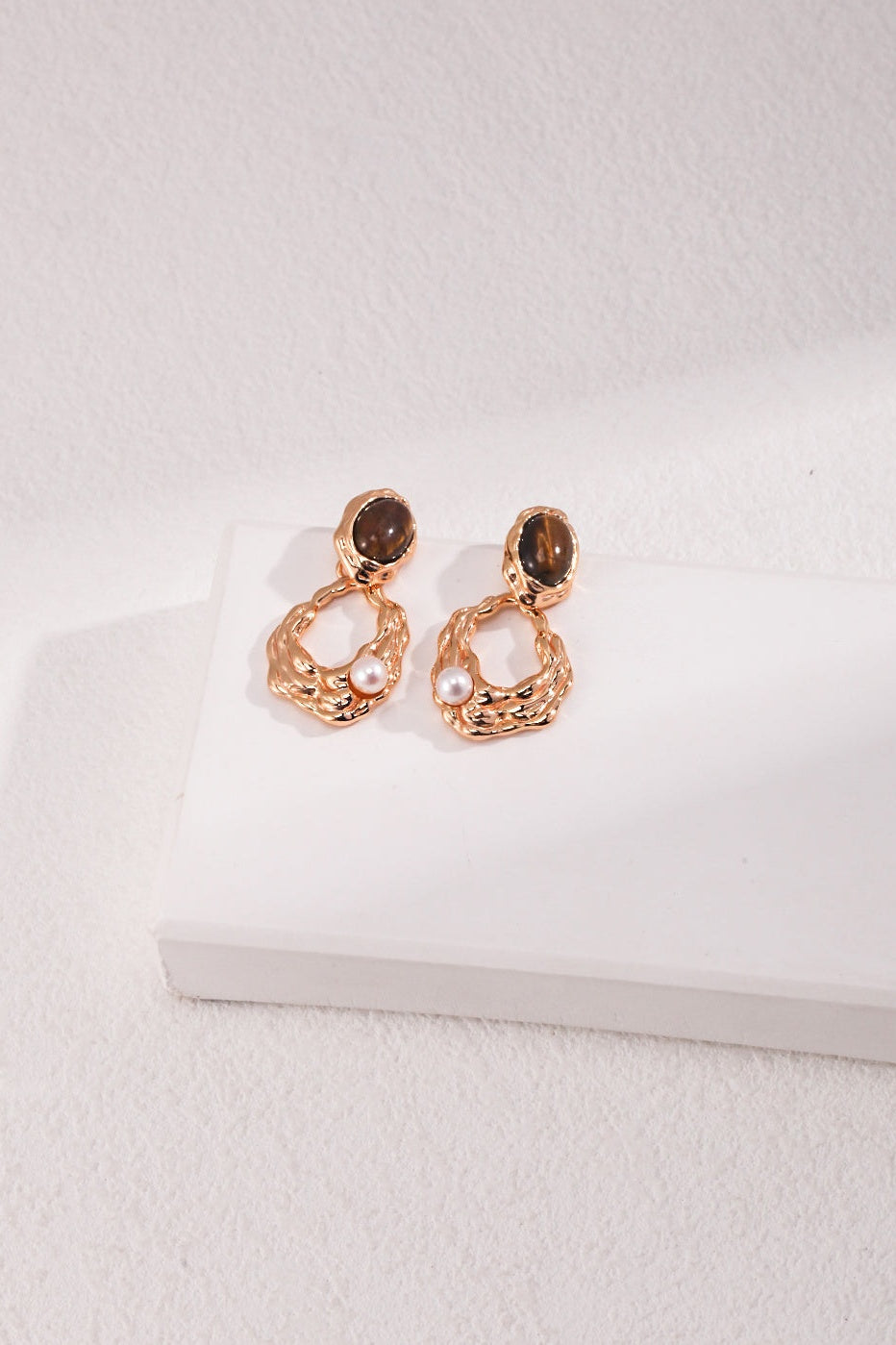 Tiger Eye Stone Hollow Gold Drop Earrings