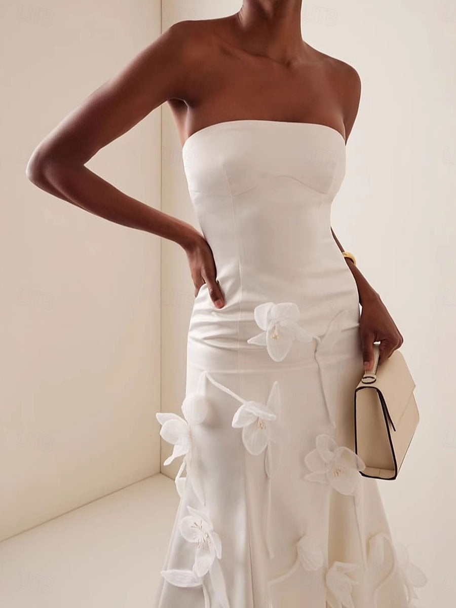3D Floral Sleeveless Midi Dress in White