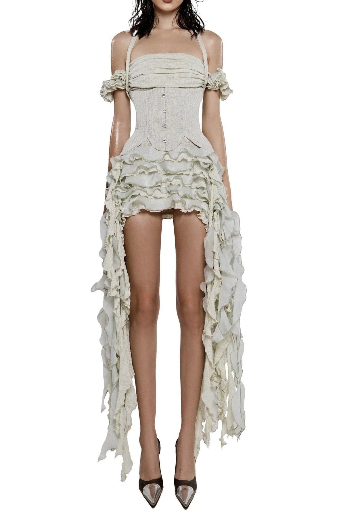 Halter Three-Dimensional Flower Mini Dress in Beige