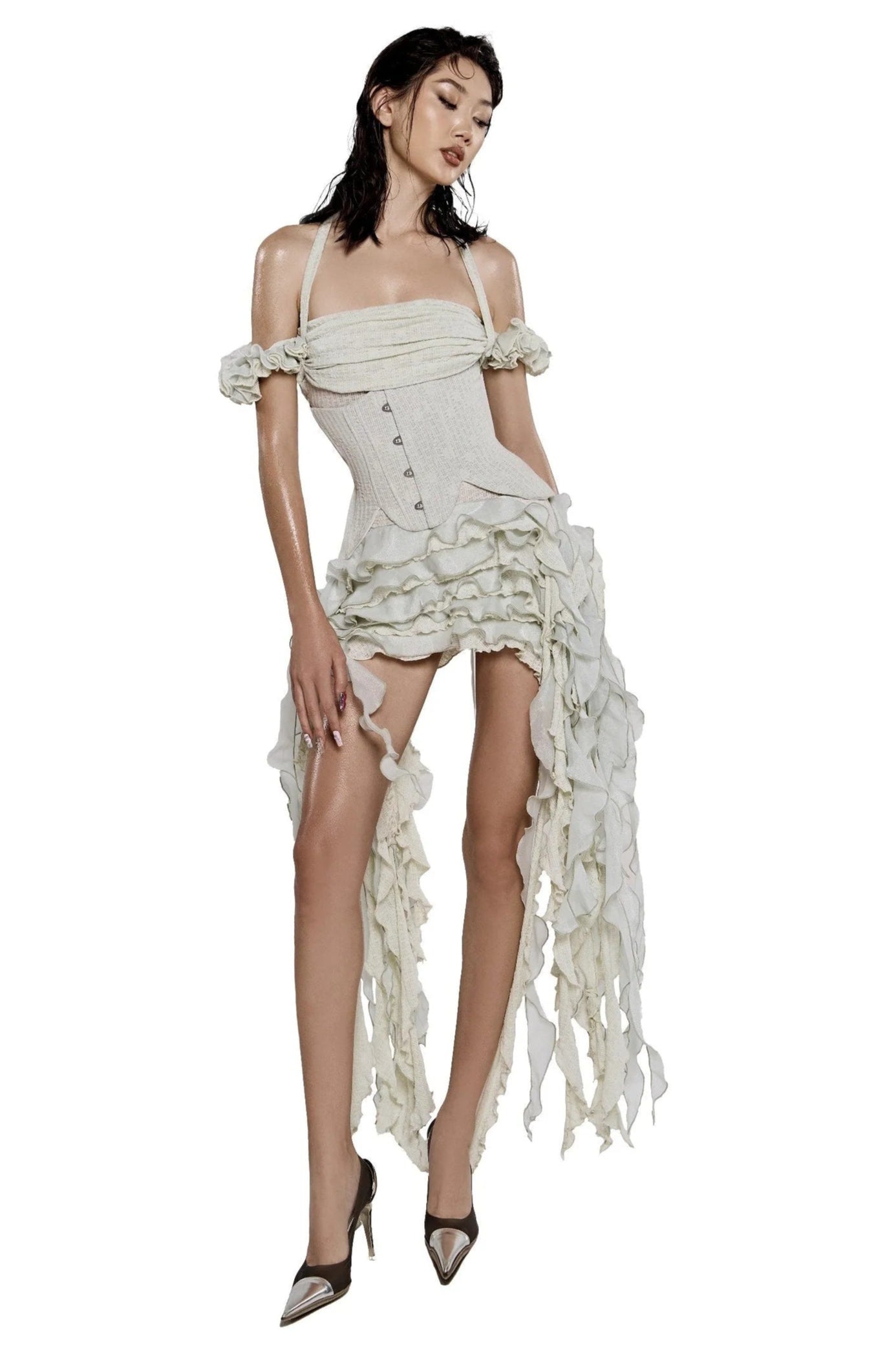 Halter Three-Dimensional Flower Mini Dress in Beige